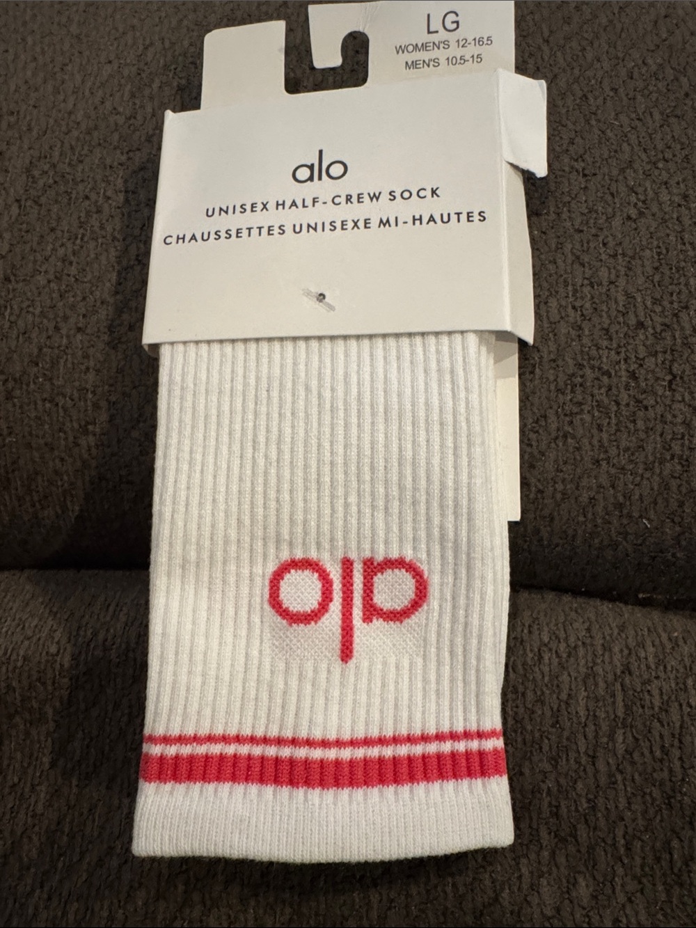 ALO Yoga White Half-Crew Socks with Pink Logo & Stripes
